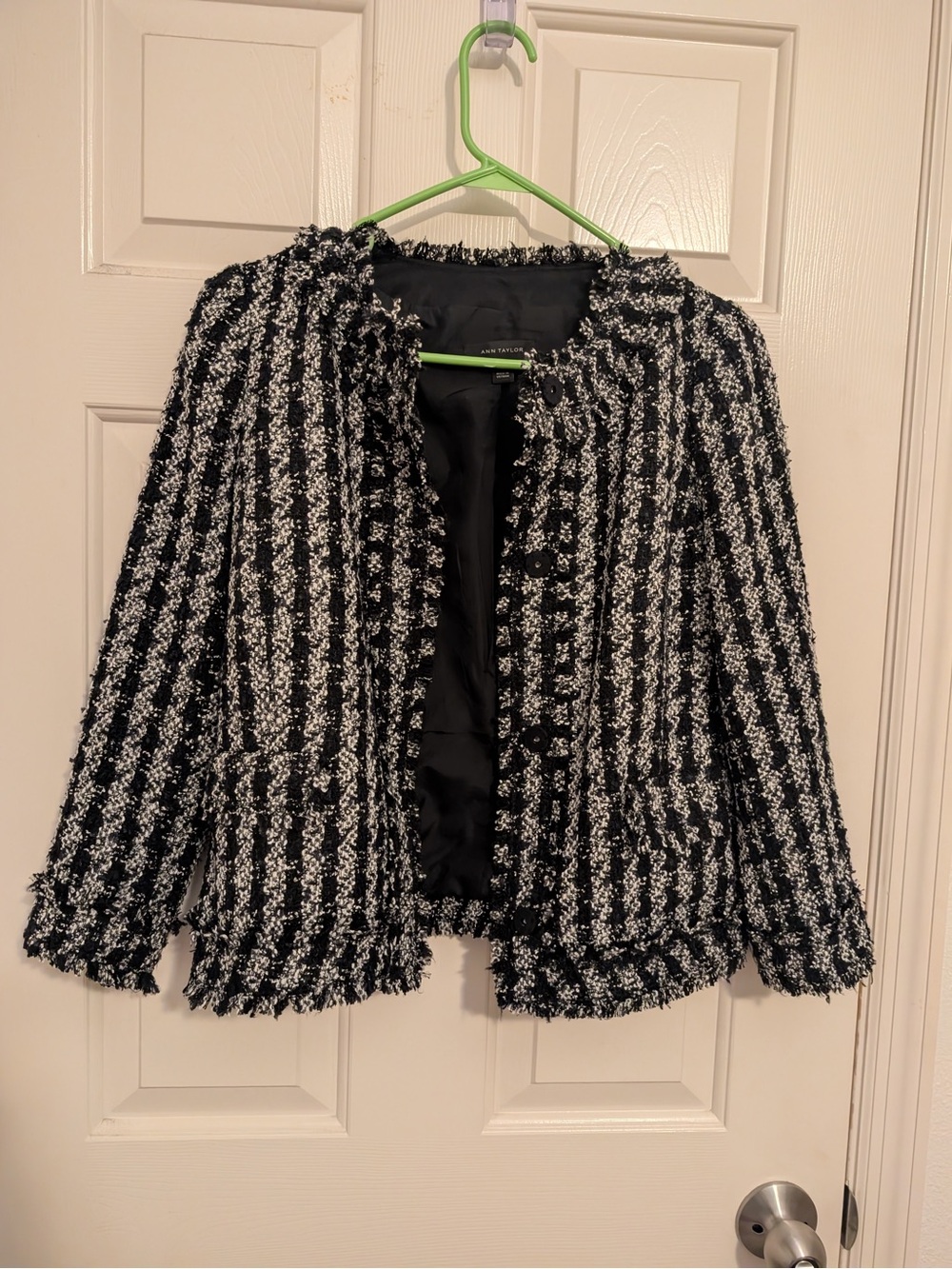 Ann Taylor Bouclé Fringe Open-Front Jacket - Black & White